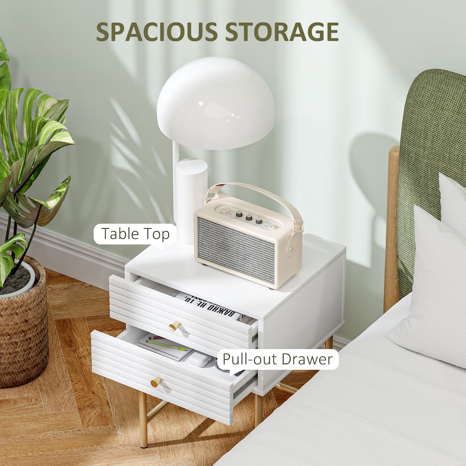 image 1 of HOMCOM Bedside Tables Set of 2, Bedside Cabinet with 2 Drawers, Gold Steel Legs, Modern Side Table with Striped Panel for Bedroom, Living Room, White