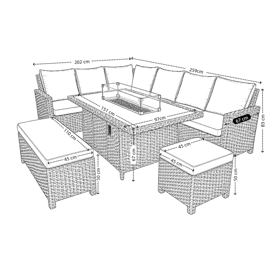image 1 of The Maldives Grey Aluminium 9 Seat Corner Gas Firepit Rattan Dining Set