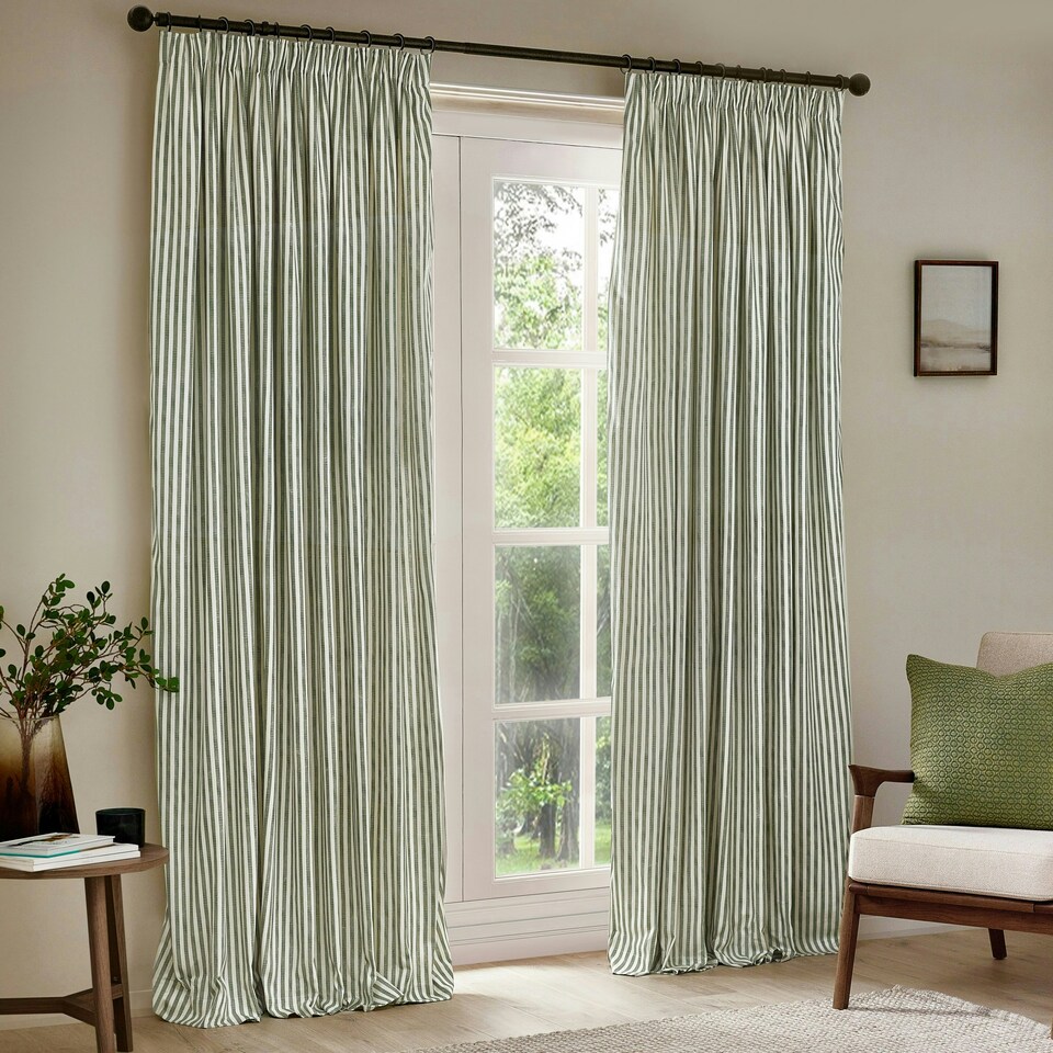 image 1 of Yard Hebden Striped Cotton Forest Pencil Pleat Curtains 117 x 183cm