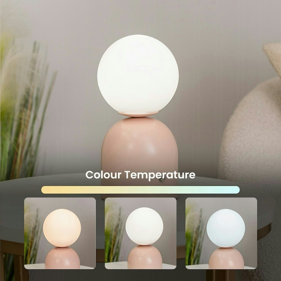 image 1 of ValueLights Marlow Dimmable Painted Pink Table Lamp with White Globe Shade and Integrated LED 2W Warm White 3000K Bulb Pink