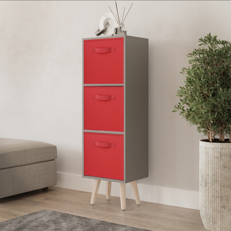 image 1 of Grey 3-Tier 3-Drawer Cube Shelving Unit with Scandinavian Legs | Red | Red & Pine | 1