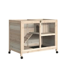 PawHut Rabbit Hutch, Bunny Cage 2 Layers with Wheels & Open Roof, Natural