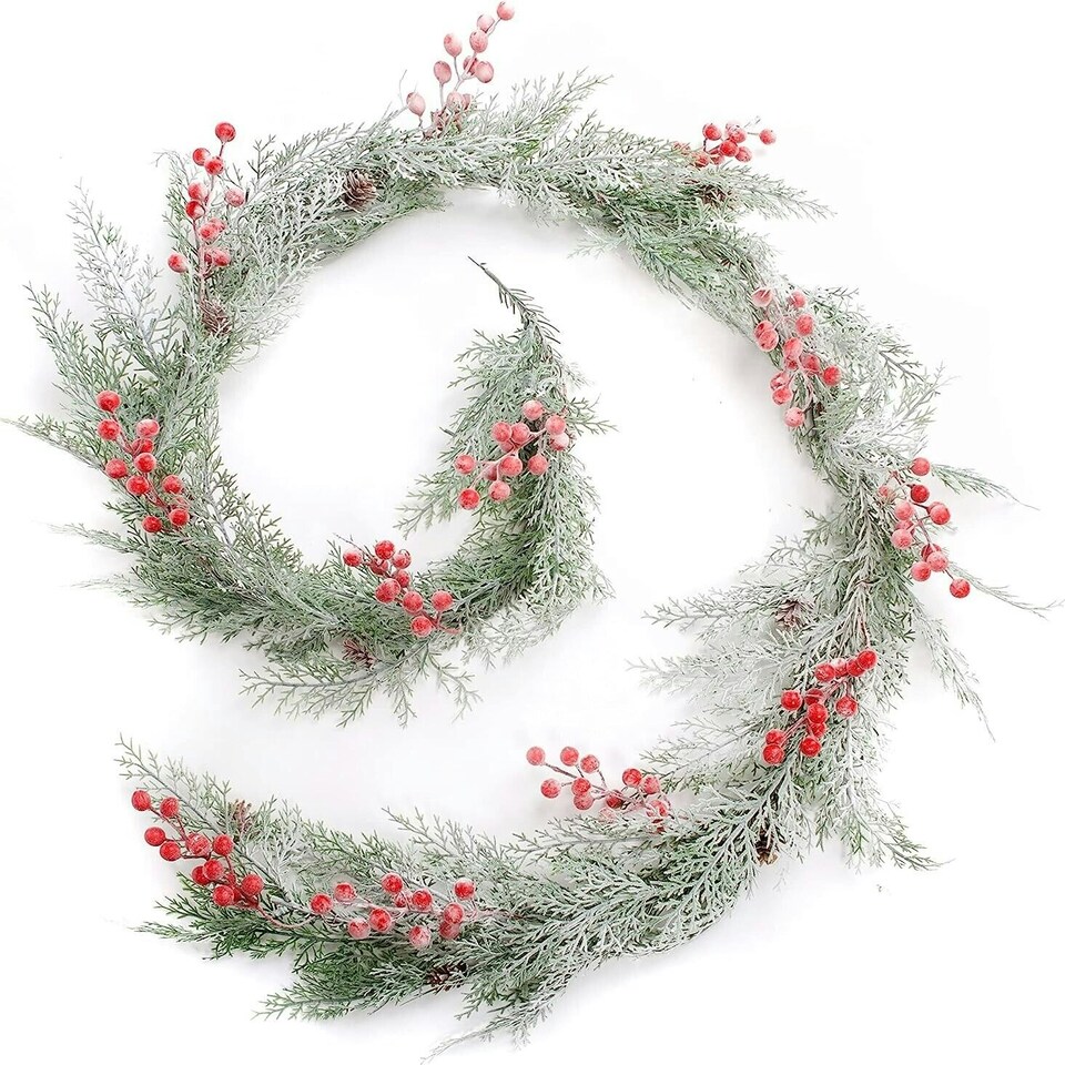 Best Artificial 7ft / 2m Outdoor/Indoor Frosted Christmas Conifer Leaf Garland String with Red Berries Xmas