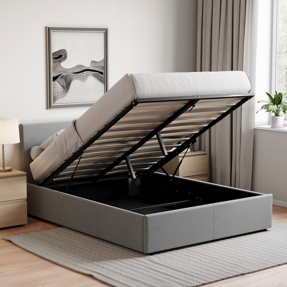 image 1 of Vida Designs Veronica King Size Ottoman Bed, Light Grey Linen & Gel Memory Foam Pocket Spring Mattress, King