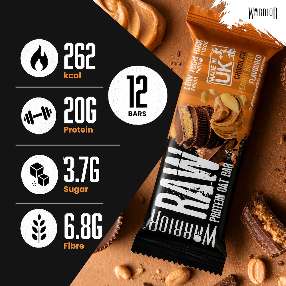 image 1 of Warrior RAW Protein Bars 12 x 75g – 20g High Protein Bar, Low Sugar High Fibre Oat Protein Flapjack – Protein Snacks, Meal Replacement Bars (Chocolate Peanut Butter)