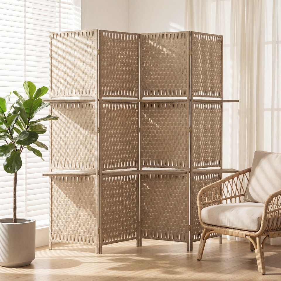 image 1 of HOMCOM 4-Panel Folding Room Divider with Shelves