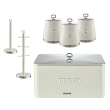 GEEPAS 6 Pc Tea Coffee Sugar Canister, Bread Bin, Mug Tree & Towel Pole Set |RetroVive | Cream | 6