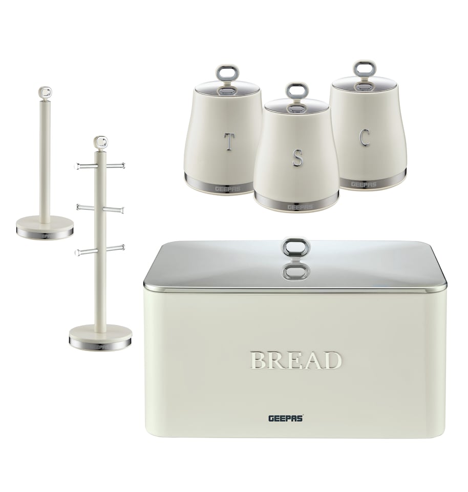 GEEPAS 6 Pc Tea Coffee Sugar Canister, Bread Bin, Mug Tree & Towel Pole Set |RetroVive | Cream | 6