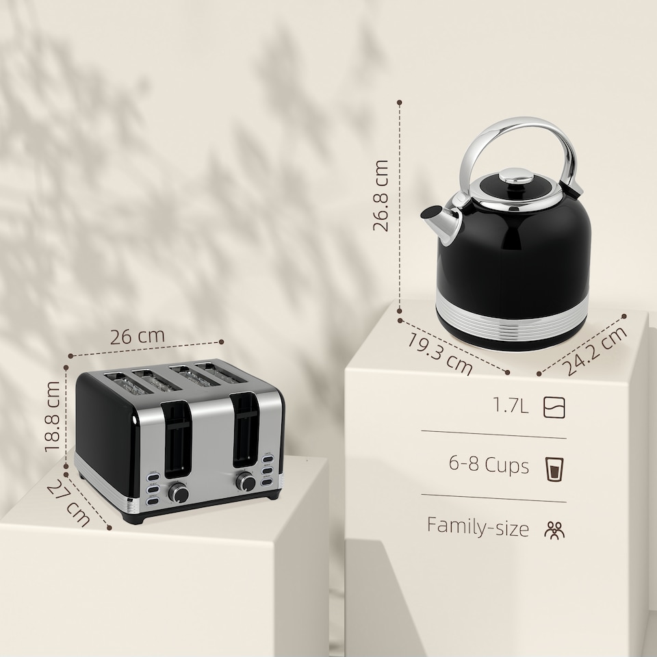 image 1 of HOMCOM Stainless Steel Kettle and Toaster Set, 1.7L 3000W Cordless Fast Boil Kettle, 4 Slice Toaster Kitchen Set with 7 Level Browning Controls, Defrost, Reheat and Crumb Tray, Black
