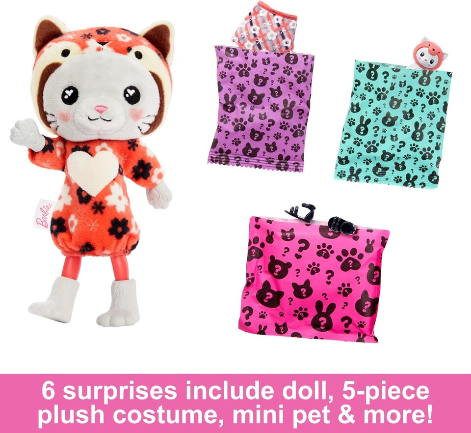 image 1 of Barbie Cutie Reveal Chelsea Doll & Accessories, Animal Plush Costume & 6 Surprises Including Color Change, Kitten as Red Panda, HRK28