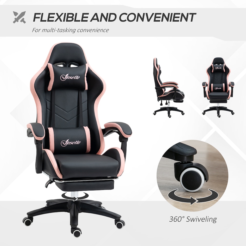 image 1 of Vinsetto Computer Gaming Chair, PU Leather Office Desk Chair with Footrest, Swivel Wheels, 135  Reclining Back, Lumbar Support, Headrest for Home, Black and Pink | Black | Black
