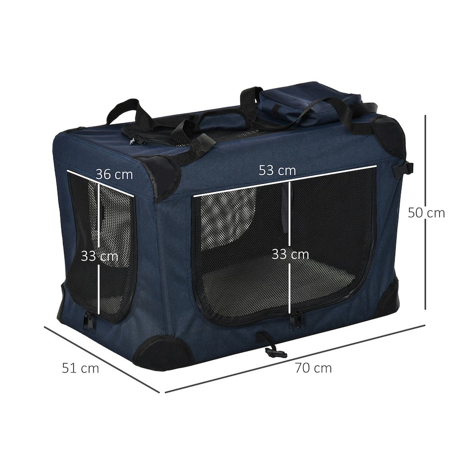 image 1 of PawHut Folding Pet Carrier Bag House W/ Cushion Storage, Dark Blue 70x51x50cm