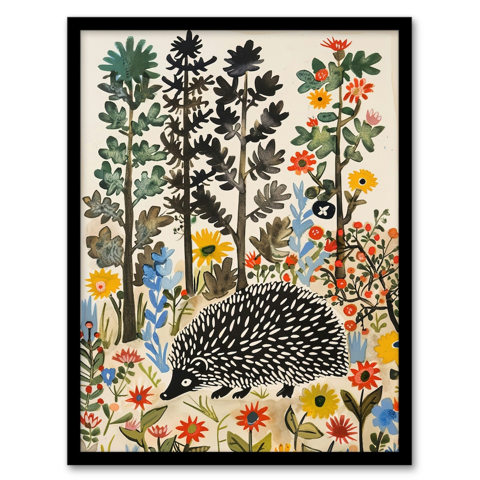 image 1 of Forest Folk Art Wildflowers Hedgehog Black Framed Wall Art Print A4