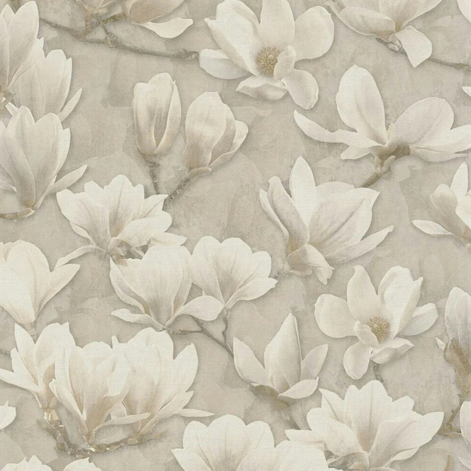 image 1 of Gentle Blossoms Wallpaper in White on Grey Multi