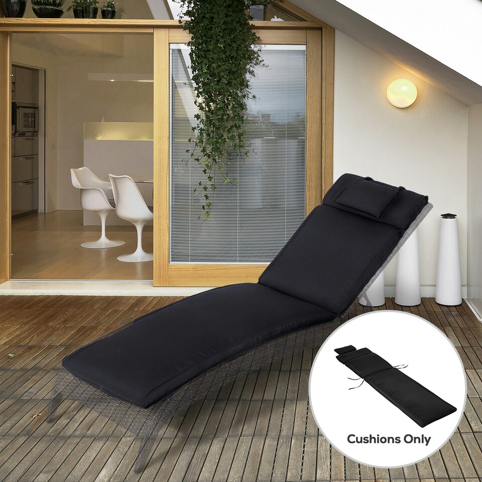 image 1 of Outsunny Garden Sun Lounger Chair Cushion ONLY Reclining Relaxer Indoor Outdoor | Black | Black | 1