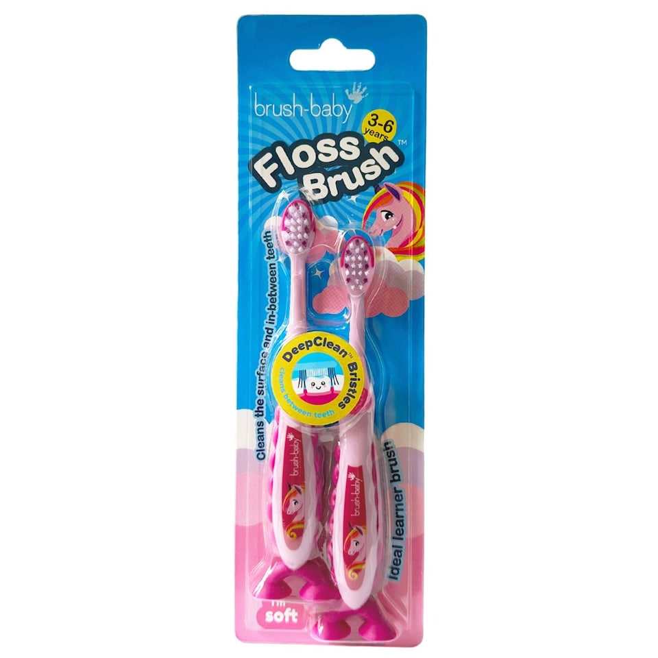 image 1 of Brush Baby Unicorn FlossBrush™ Bristles Toothbrushes Double Pack (3-6 Years)