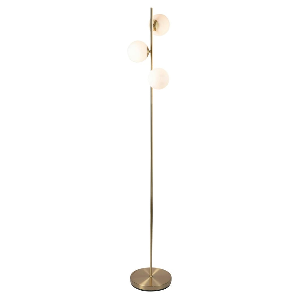 image 1 of First Choice Lighting Pair of Satin Brass Floor Lamps with Opal Globe Shades Bronze