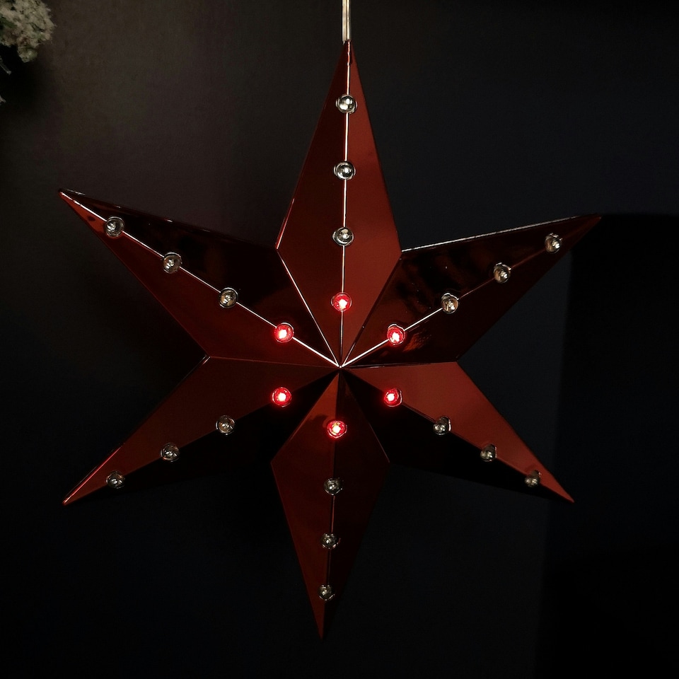 image 1 of 20cm Battery Operated Light up Hanging Christmas Shooting Star Bauble in Ruby with LEDs