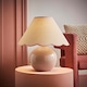image 2 of ValueLights Bosco Natural Stone Globe Ceramic Table Lamp with Linen Pink Trim Scallop Lamp Shade