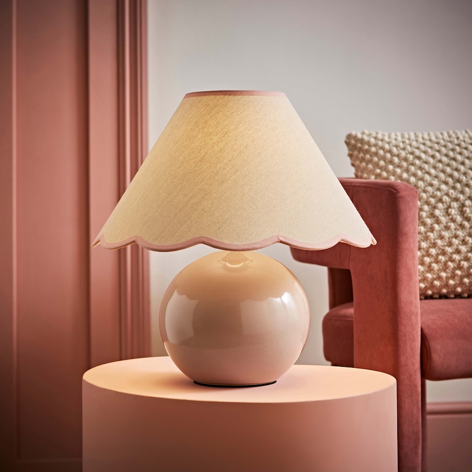 image 1 of ValueLights Bosco Natural Stone Globe Ceramic Table Lamp with Linen Pink Trim Scallop Lamp Shade