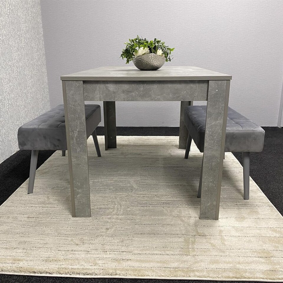 image 1 of Stone Grey Effect Wood Dining Table Set with 2 Grey Velvet Benches Stylish Dining Room Furniture