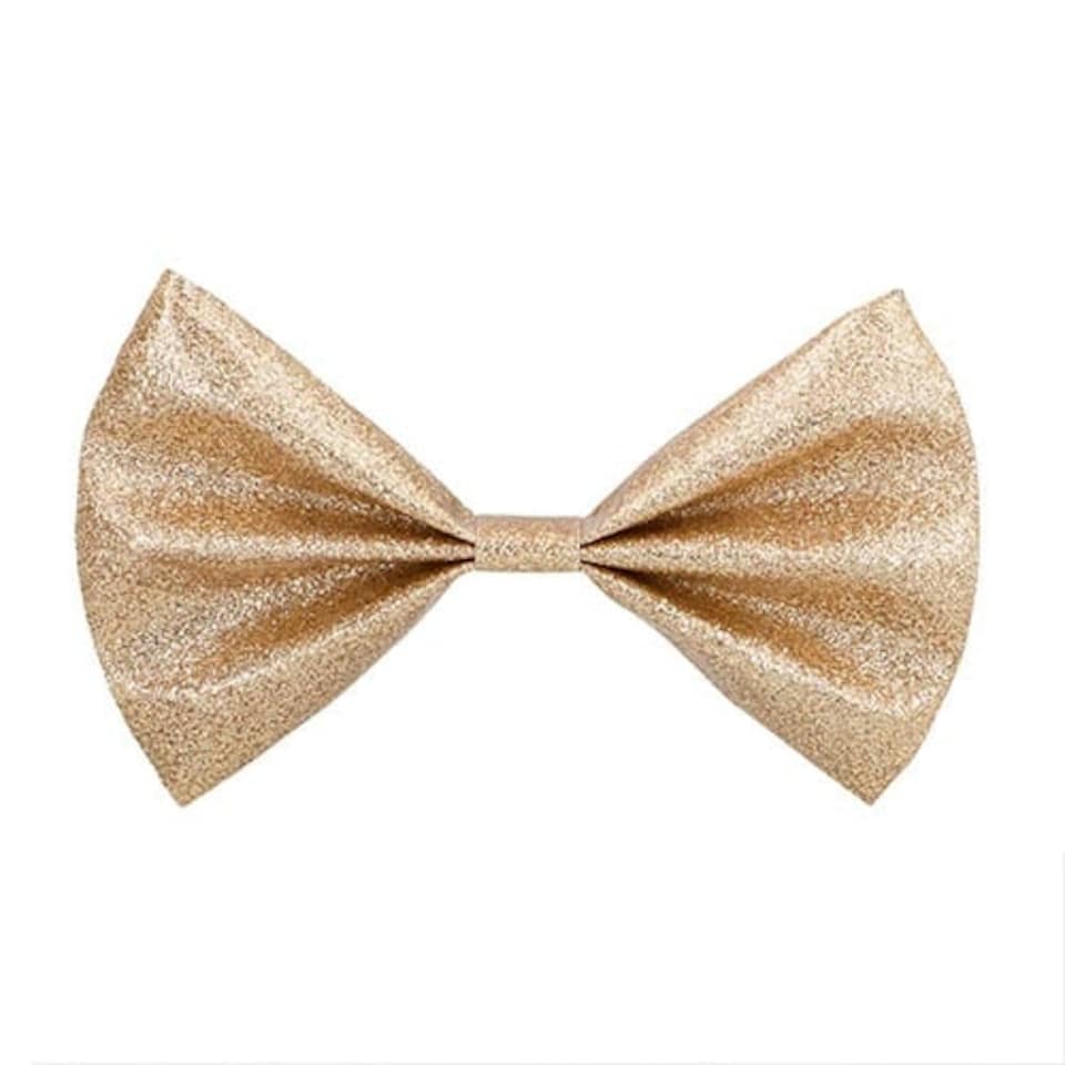 image 1 of Gold Glitter Bow Tie with Black Elastic Strap Fancy Dress
