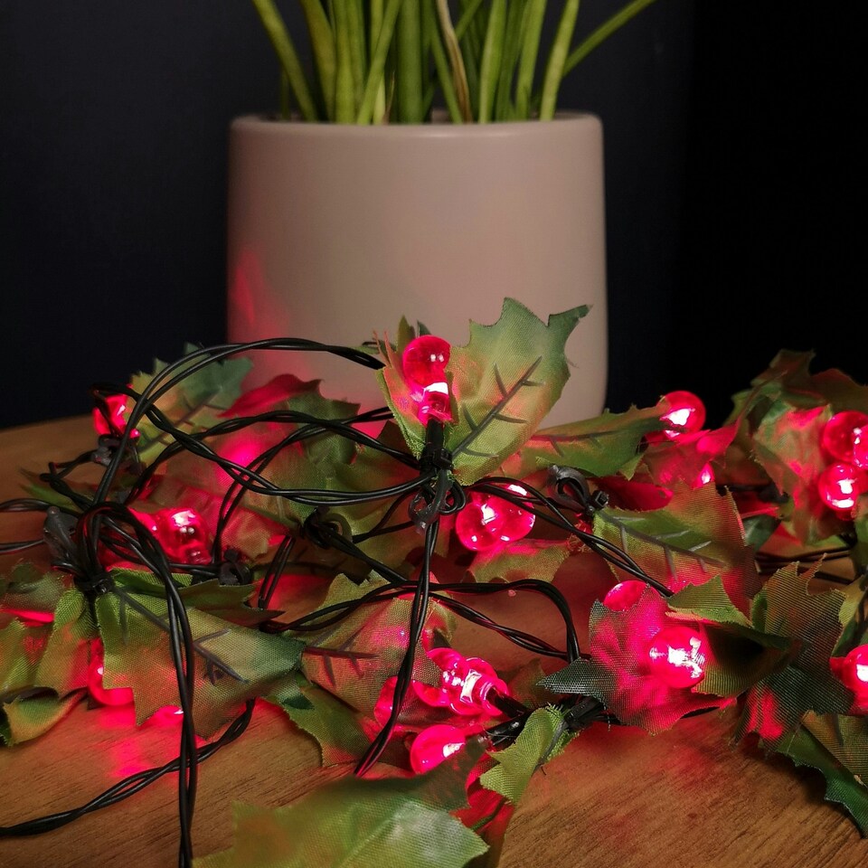 image 1 of Premier 2.8m Holly Garland with Red Berries and 40 Red Leds