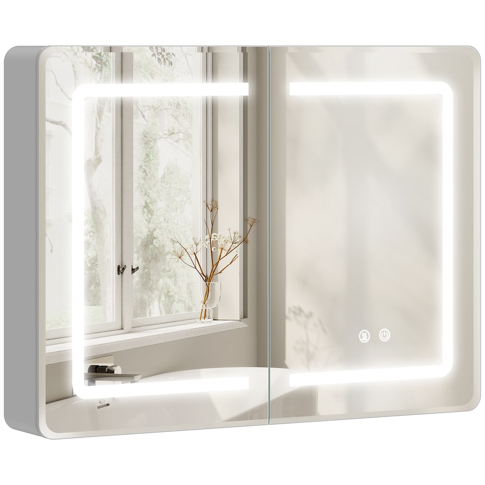 image 1 of HOMCOM 60 x 80 cm LED Bathroom Mirror Cabinet with Double-Sided Mirrors | Silver | Silver | 80W x 13.5D x 60H cm