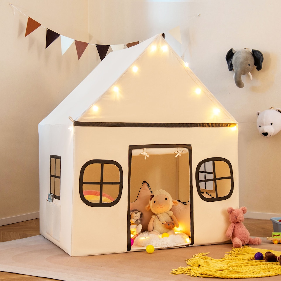 image 1 of COSTWAY Kids Play Tent Large Playhouse w/ Door Curtain & Windows-Beige + Grey