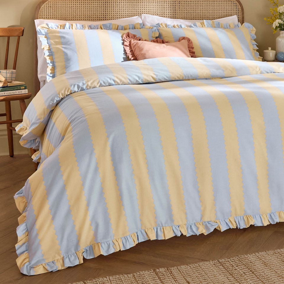 image 1 of Wylder Nature Birdie Stripe Ruffle Duvet Cover Set | Yellow | Lemon/Sky | Double