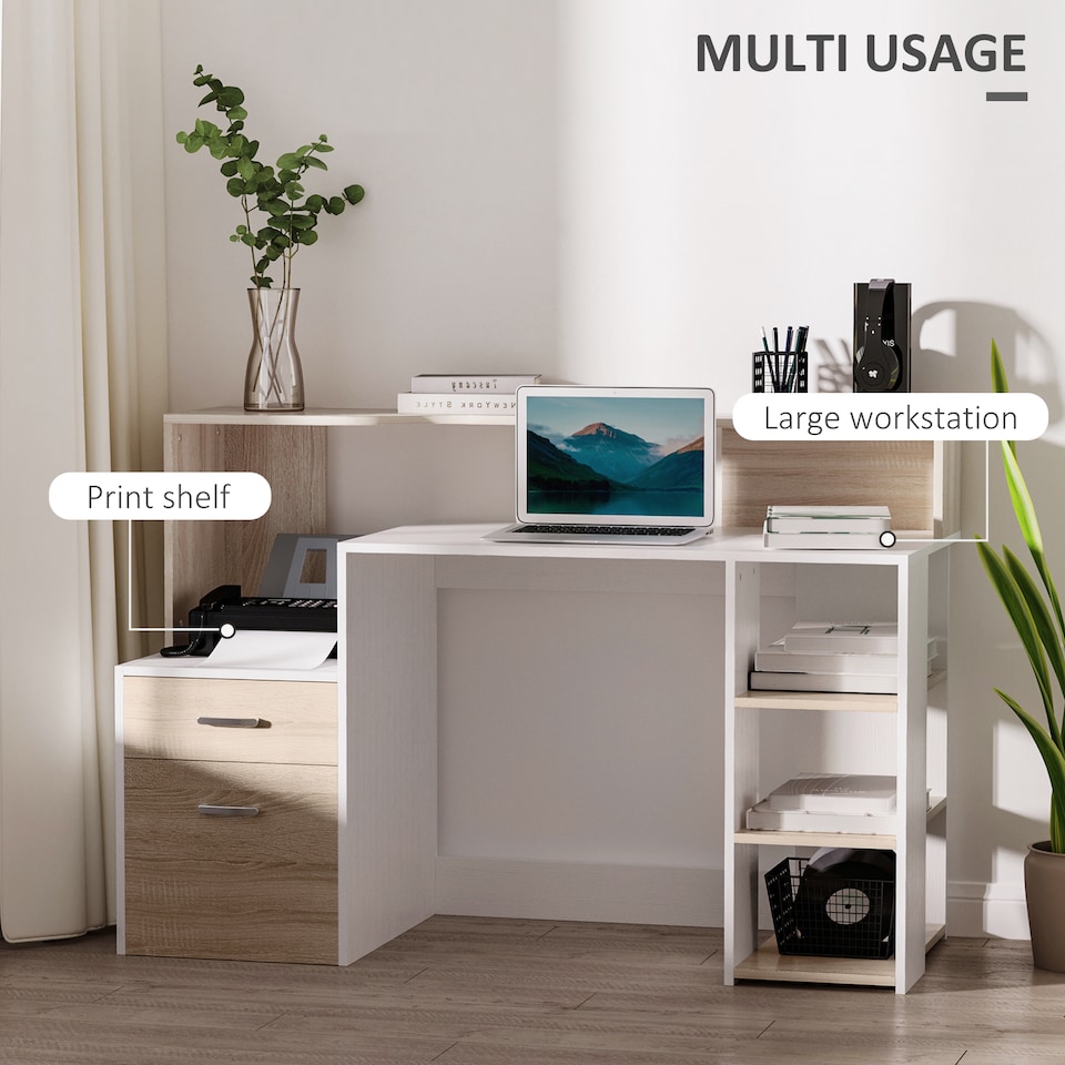 image 1 of HOMCOM Computer Desk with Drawers and Storage Shelves, Office Desk Writing Table with Printer Stand, Large Workstation for Study Play Work Home Office, 137 x 55 x 92cm, Oak