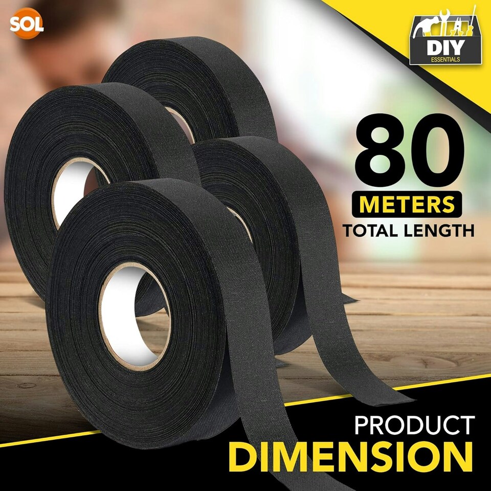 image 1 of SOL 4pk 20m Wiring Harness Tape, Black Loom Binding Felt for Cars, Motorcycle