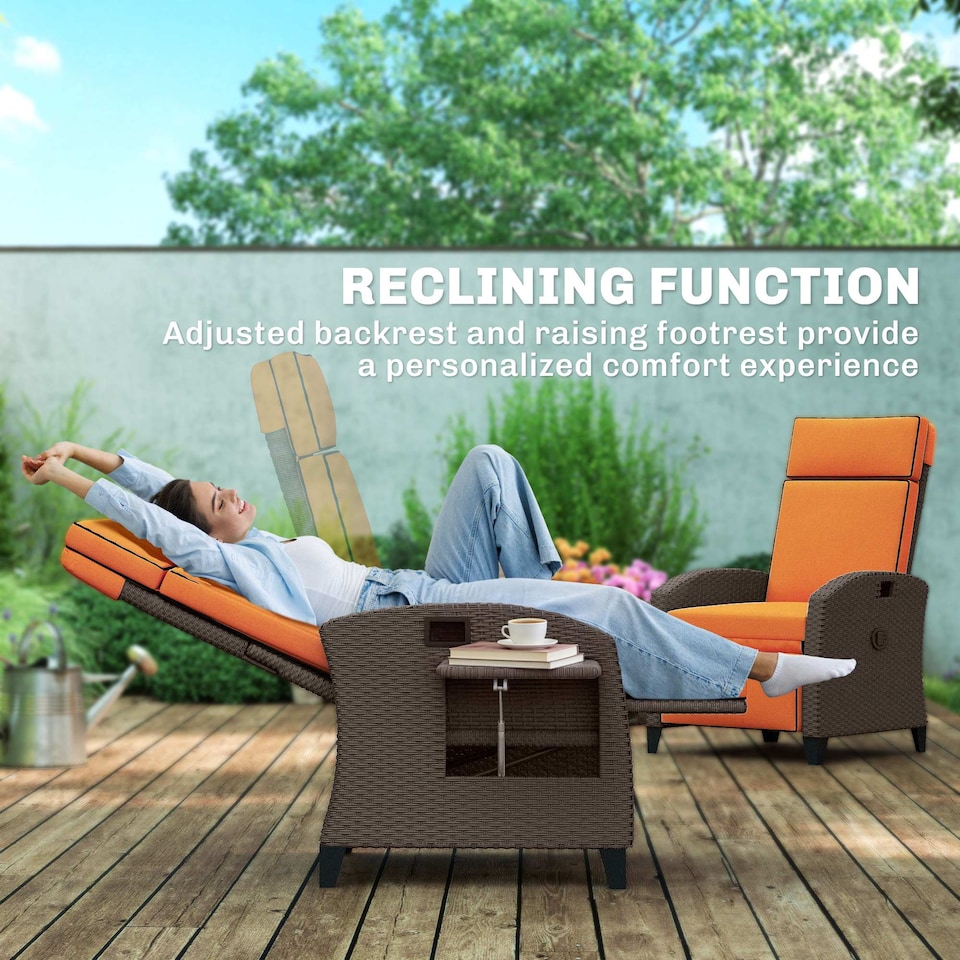 image 1 of Outsunny Garden Recliner with Cushion, Rattan Recliner Chair with Armrests | Orange | Orange cushion | One Size