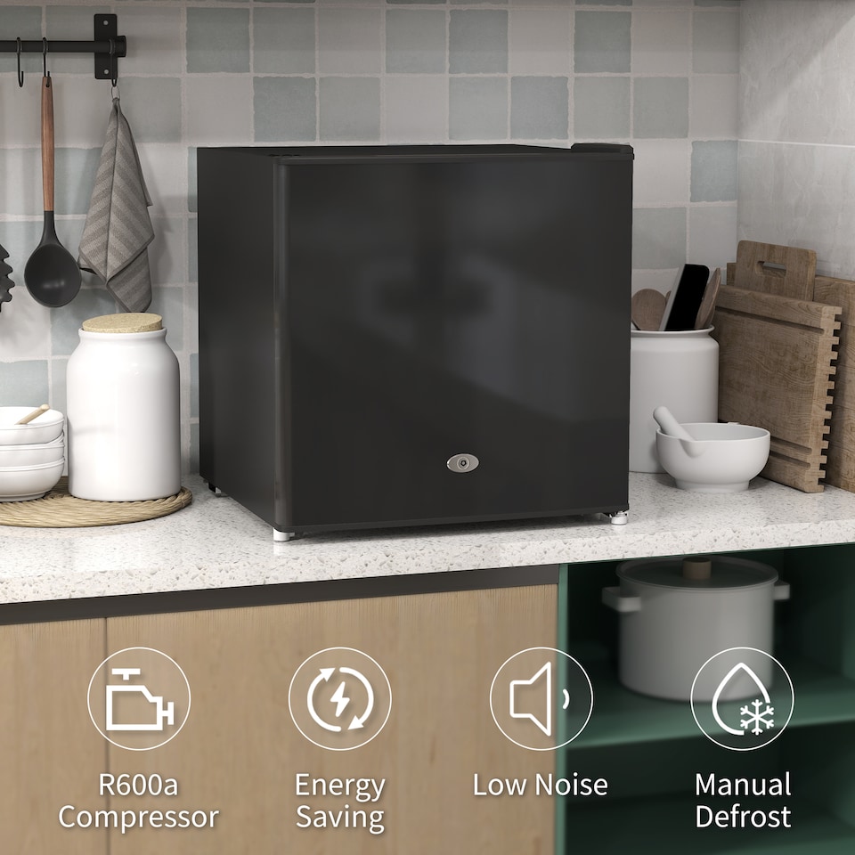 image 1 of HOMCOM Tabletop Mini Freezer with 35 Litre Capacity, Small Lockable Freezer with Reversible Door, Two Keys, Adjustable Temperature and Removable Wire Shelf for Bedrooms, Home Office, Black | Black