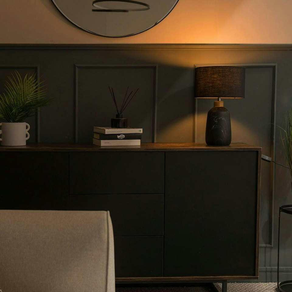 image 1 of ValueLights Modern Copper Caped Black Marble Effect Table Lamp With Black Drum Shade