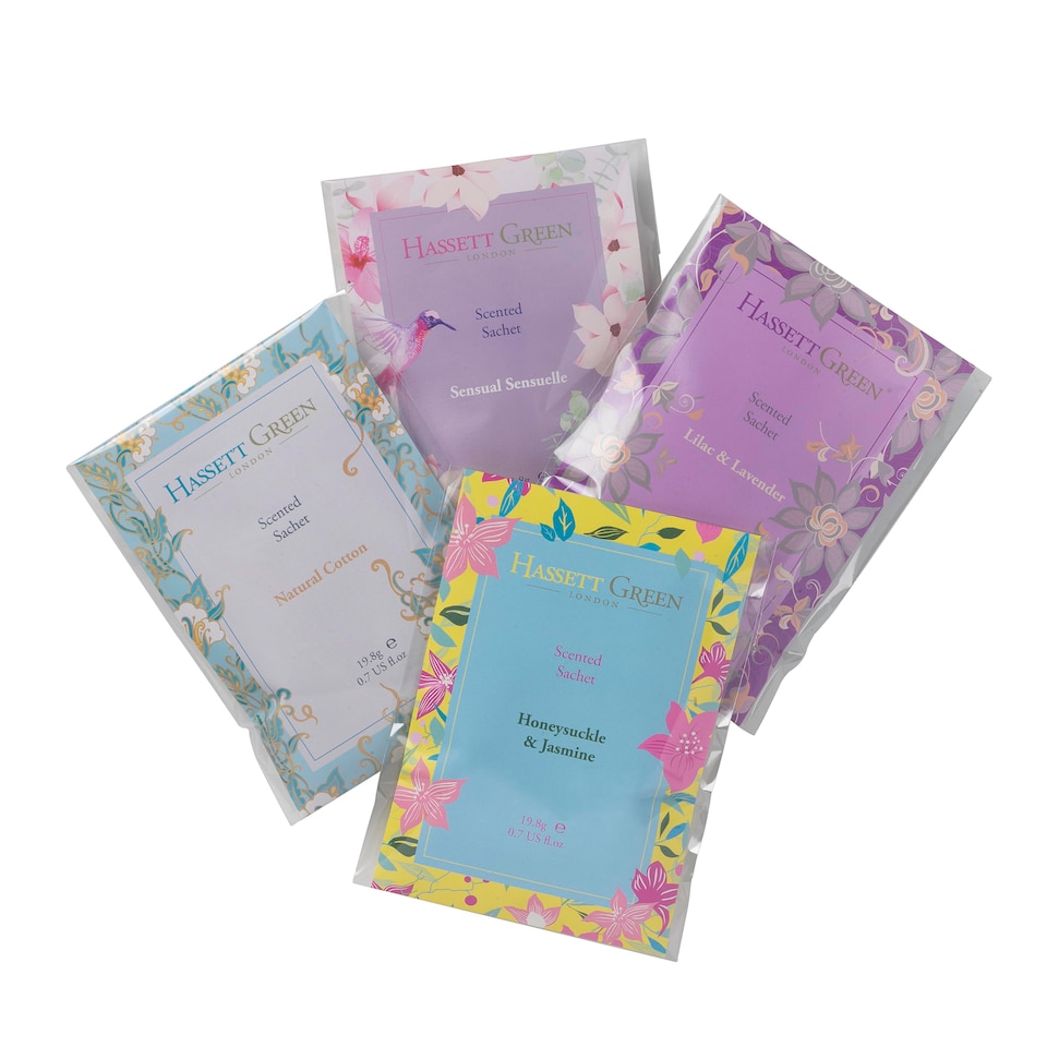 image 1 of Hassett Green London - Handmade Large Scented Sachets - Four Pack - Honeysuckle & Jasmine, Lilac & Lavender, Natural Cotton, Sensual Sensuelle - For Wardrobes & Drawers