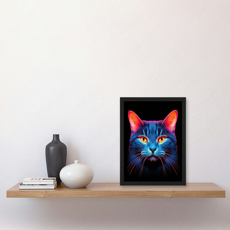 image 1 of Luminescent Cat Orange Purple High Contrast Black Framed Wall Art Print A4