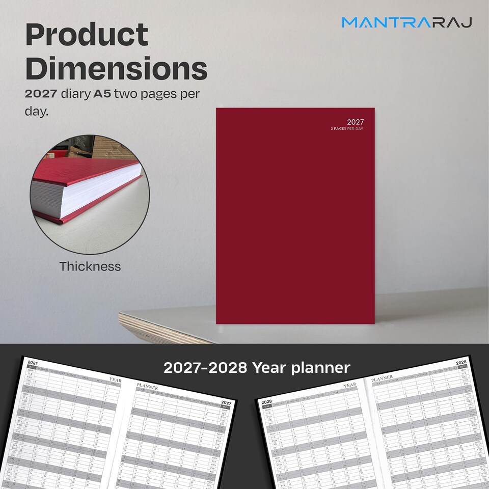 image 1 of MantraRaj 2027 Diary A5 2 Pages A Day Diary Hardback Year Planner Office Desk Diary (Red)