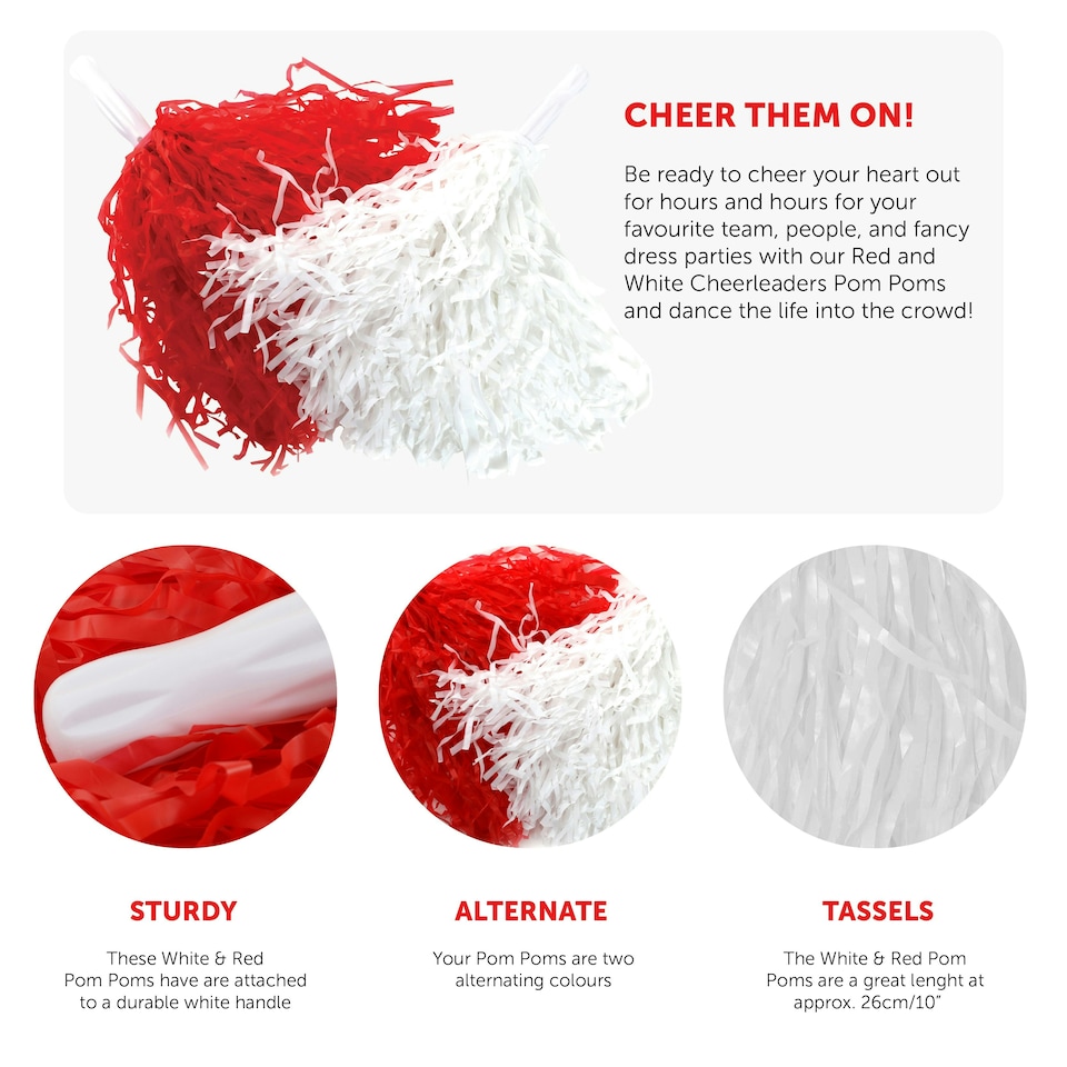 image 1 of White and Red Pom Poms – Pair with Handle Cheerleader Shakers 80g Fancy Dress N/A | One Size