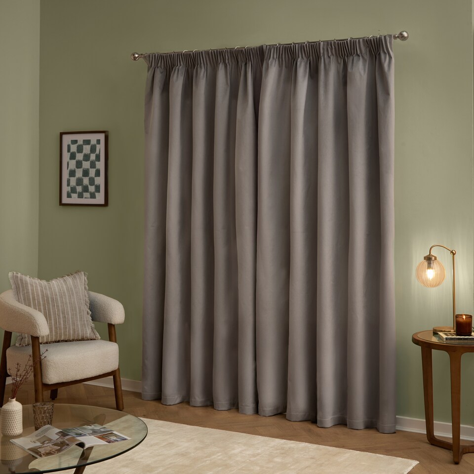 image 1 of furn. The Ultimate Velvet Blackout Pencil Pleat Curtain Pair, Silver, (W)168x (D)183cm | Silver | Silver | One Size
