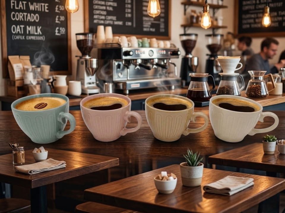 image 1 of Ceramic Coffee Mugs 4pc Set 15oz Large Tea Cups Assorted Colours Scrolled Handle