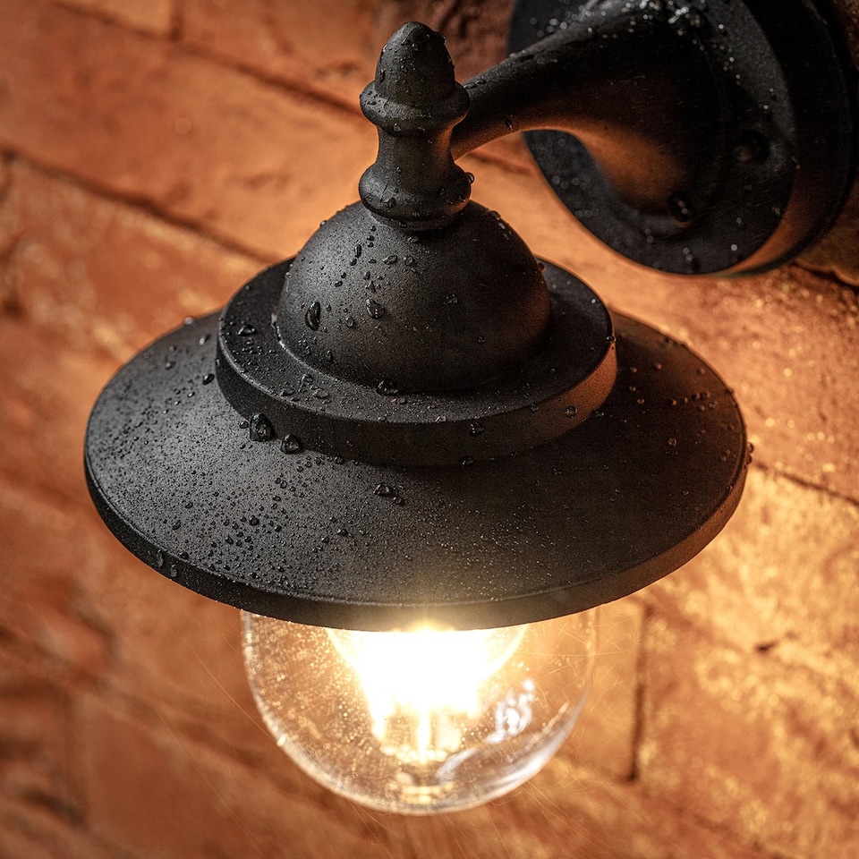 image 1 of CGC Lighting Ryder Matt Black Fisherman Lantern Wall Light IP54 E27 | Black | Black | Height: 24.7 cm, Width: 18 cm, Depth: 20.5 cm