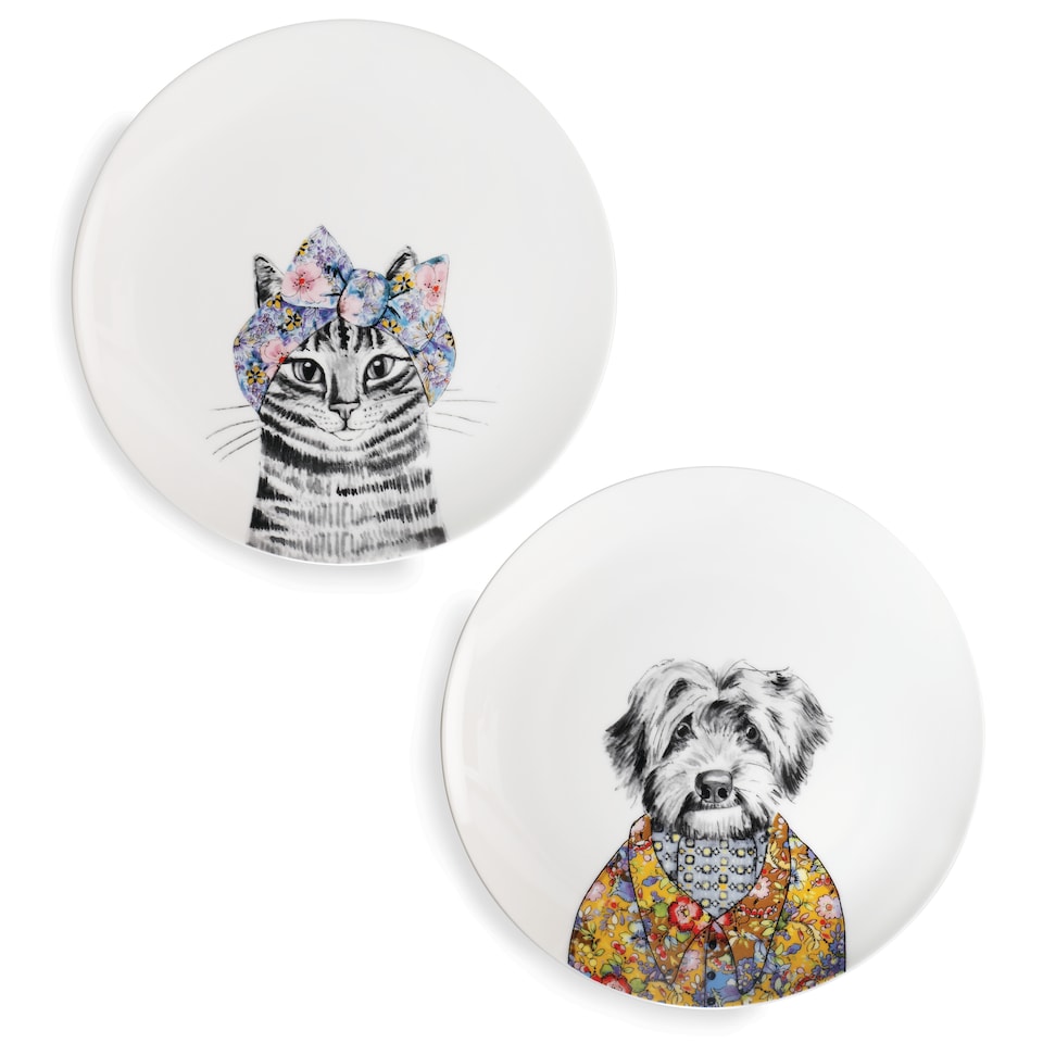 image 1 of Mikasa TipperleyHill Set of 2 Fine China Side Plates with Cat and Dog Prints