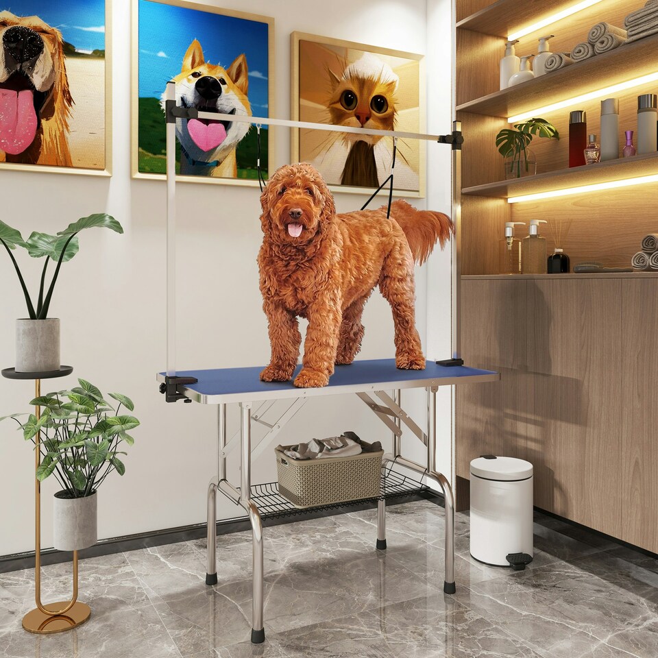 image 1 of PawHut Metal Adjustable Dog Grooming Table Rubber Top 2 Safety Slings Mesh