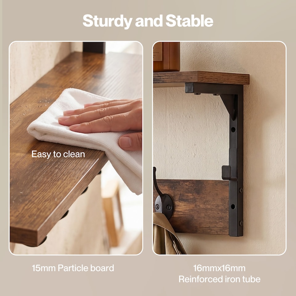 image 1 of Levede Coat Rack Wall Mounted Shelf 7 Hooks Heavy Duty Entryway Storage Brown