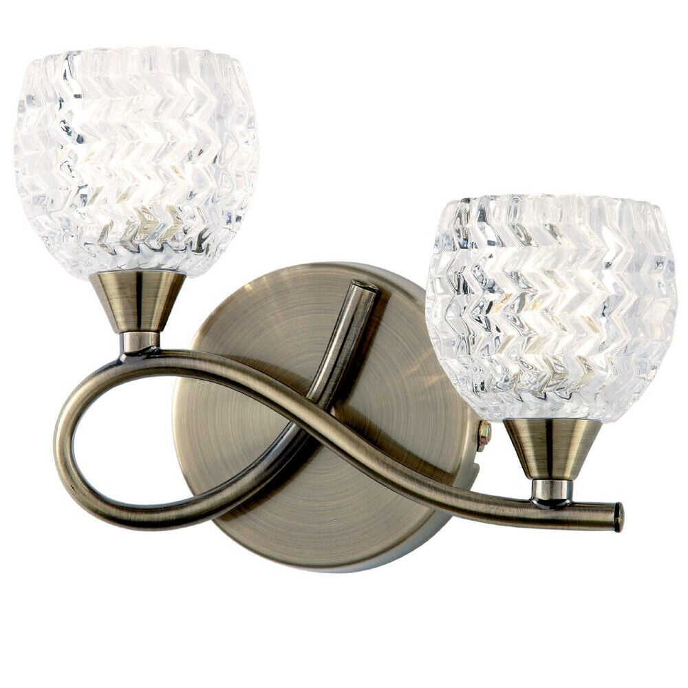 Loops LED Twin Wall Light Twist Arm Antique Brass Glass Pattern Dimming Lamp Lighting in Clear