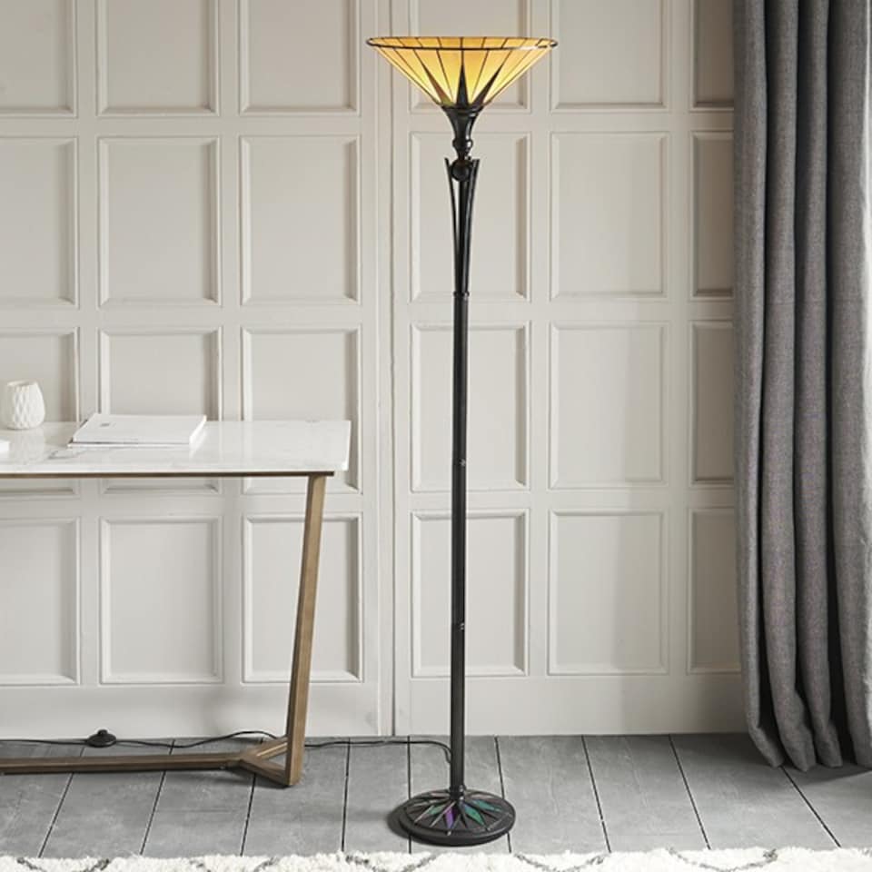 image 1 of Dark 1 Light Floor Lamp Uplighter Black, Tiffany Style Glass, E27