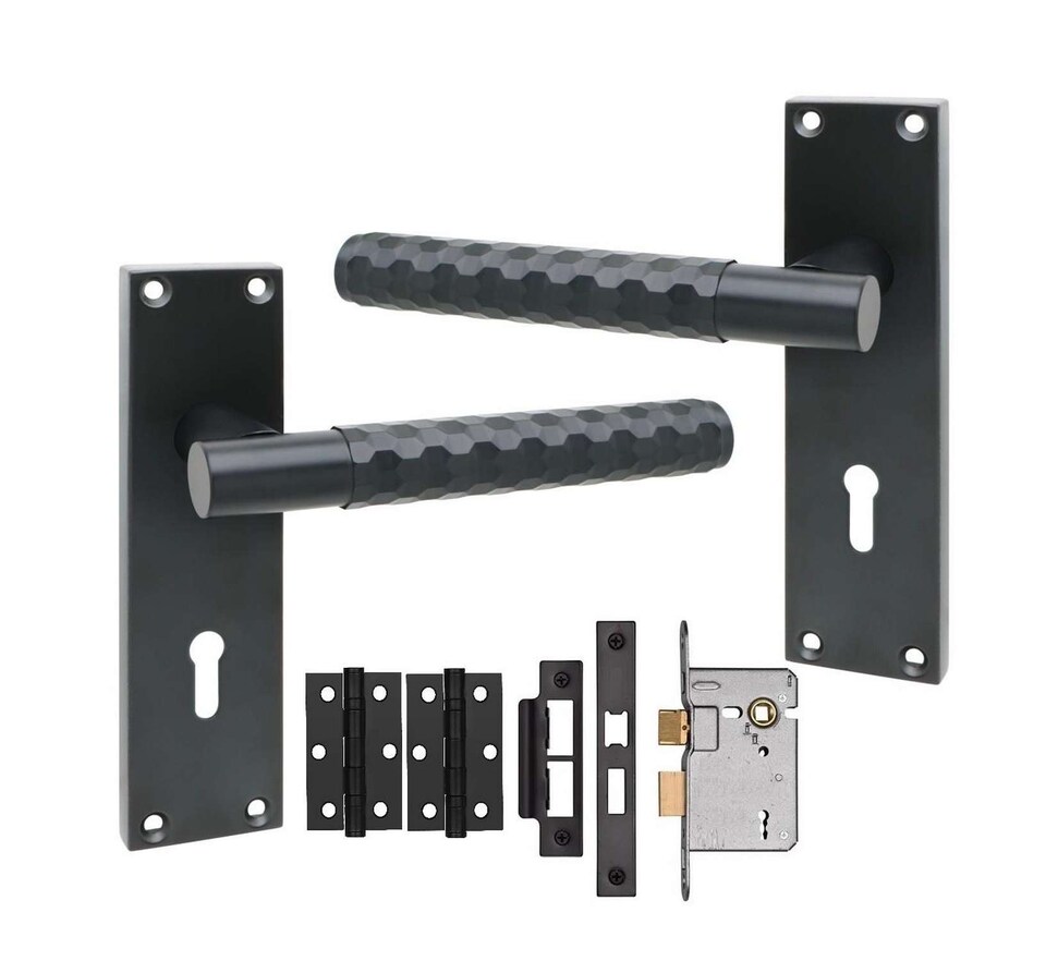 image 1 of Golden Grace 1 Pair Victorian Knurled Honeycomb Hex Cut Lock Door Handle Matt Black - Secure and Elegant 3 Lever Lock Set with Hinges - 150mm x 40mm