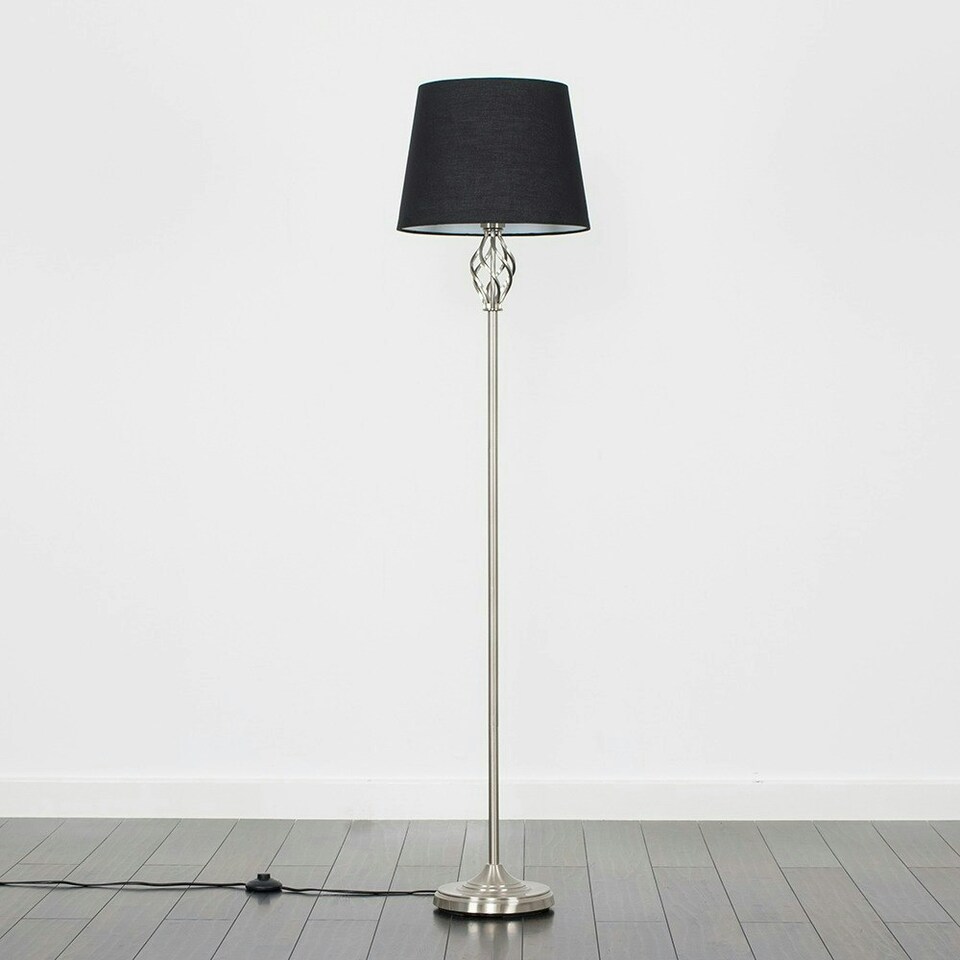image 1 of ValueLights Memphis Twist Silver Floor Lamp Black Tapered Shade