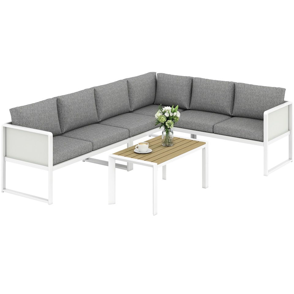 image 1 of Outsunny 6 Seater Metal Garden Furniture L Shaped Corner Sofa Set, White